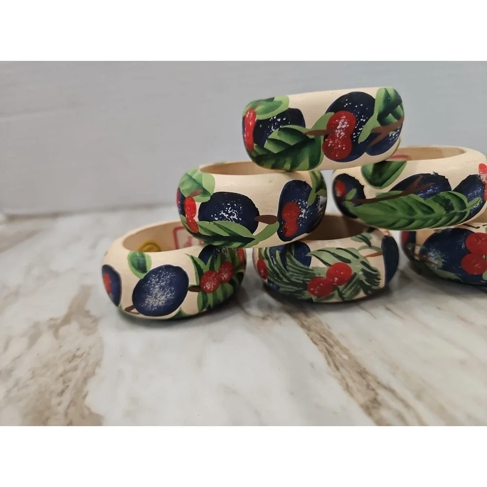 Audrey Brand Wooden Handpainted Napkin Rings Made Philippines Cherry Blueberries